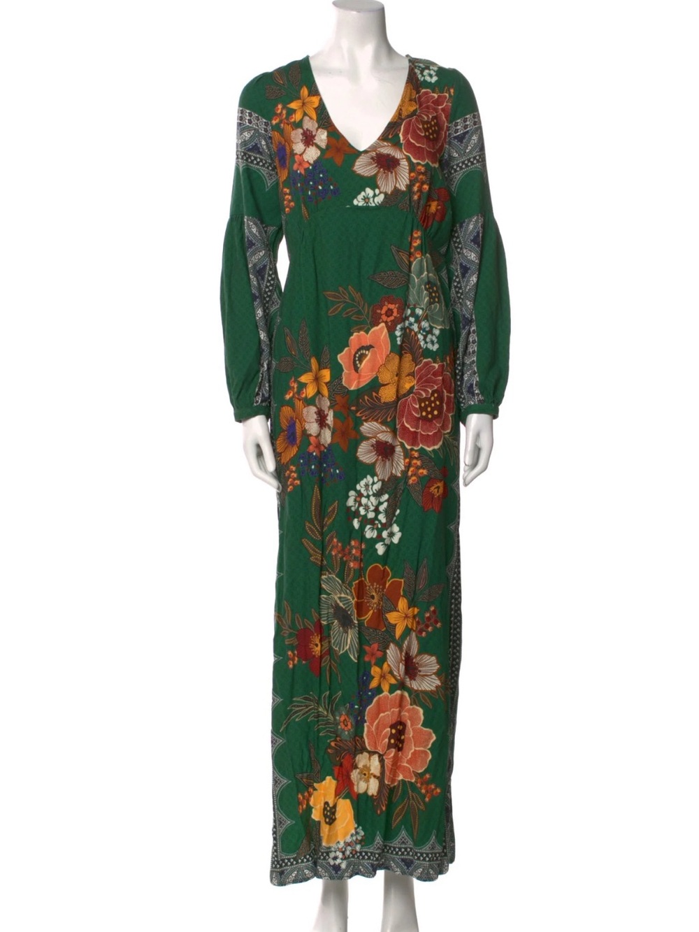 Farm Rio Anthropologie Verdor Maxi Dress Floral Long Sleeve Emerald Green M new - Picture 1 of 13